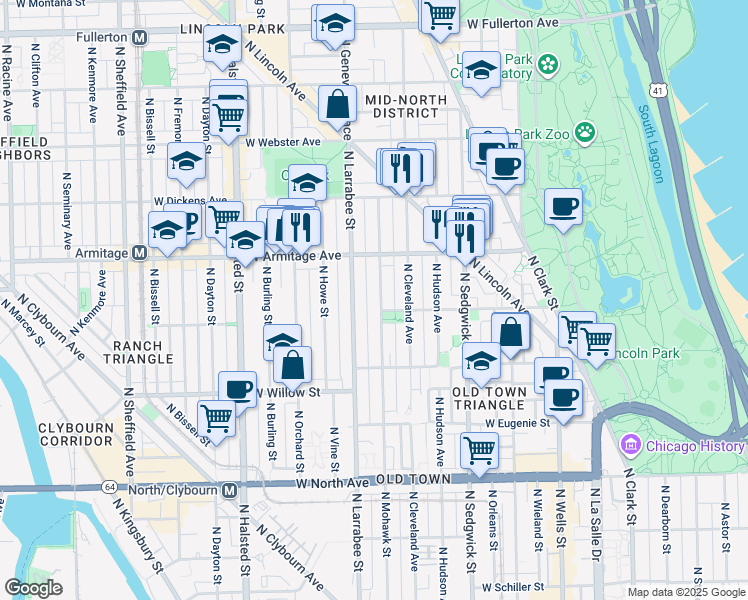 map of restaurants, bars, coffee shops, grocery stores, and more near 1935 North Mohawk Street in Chicago
