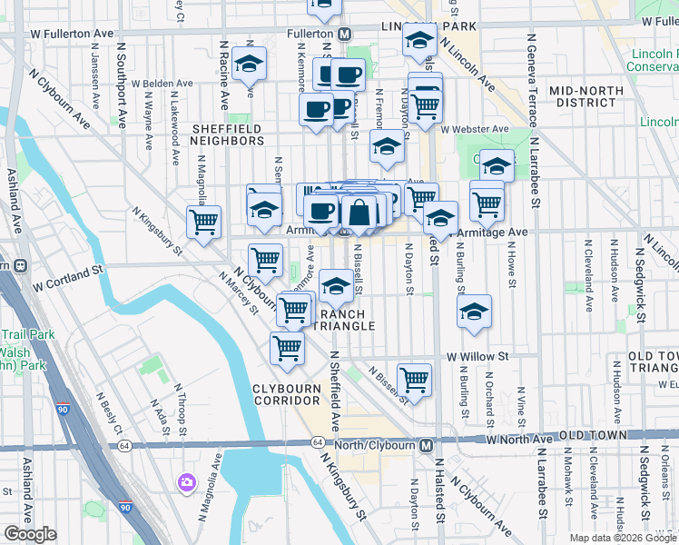 map of restaurants, bars, coffee shops, grocery stores, and more near 919 West Armitage Avenue in Chicago
