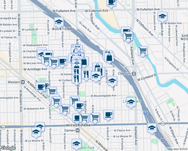map of restaurants, bars, coffee shops, grocery stores, and more near 1857 West Armitage Avenue in Chicago
