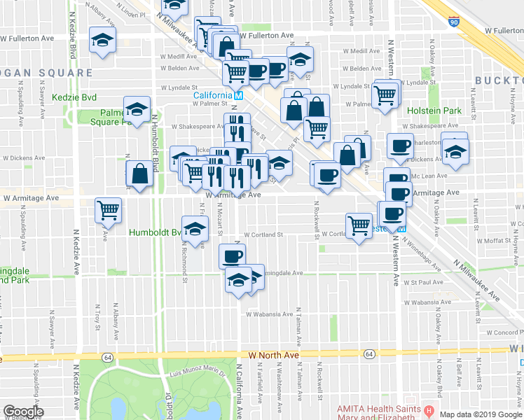 map of restaurants, bars, coffee shops, grocery stores, and more near 2728 West Armitage Avenue in Chicago