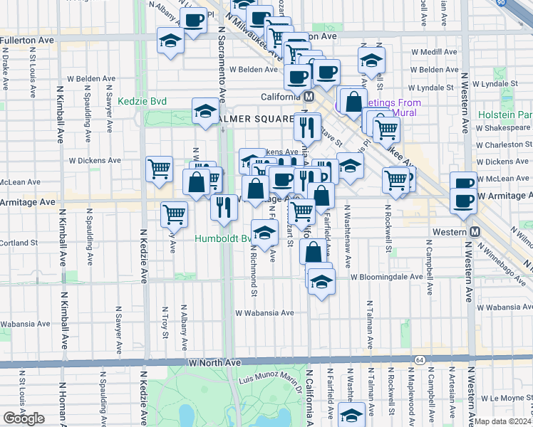map of restaurants, bars, coffee shops, grocery stores, and more near 2842 West Armitage Avenue in Chicago