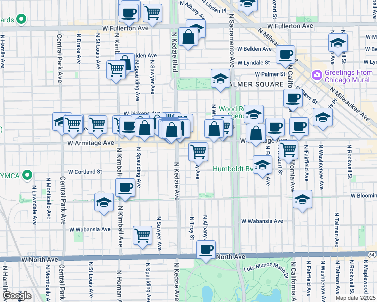map of restaurants, bars, coffee shops, grocery stores, and more near in Chicago