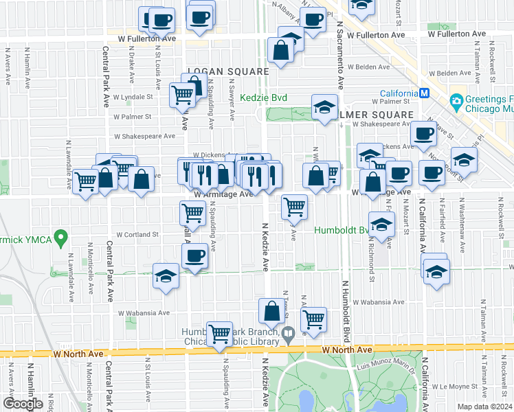 map of restaurants, bars, coffee shops, grocery stores, and more near 3222 West Armitage Avenue in Chicago