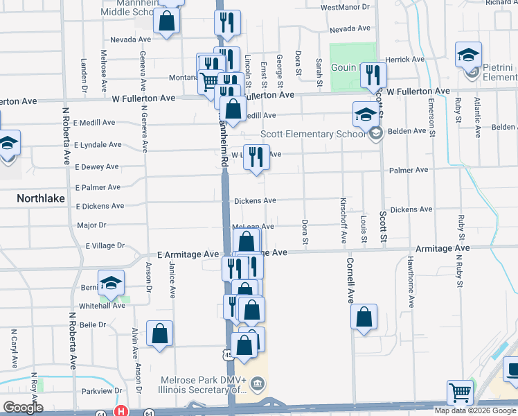 map of restaurants, bars, coffee shops, grocery stores, and more near 10312 Dickens Avenue in Melrose Park