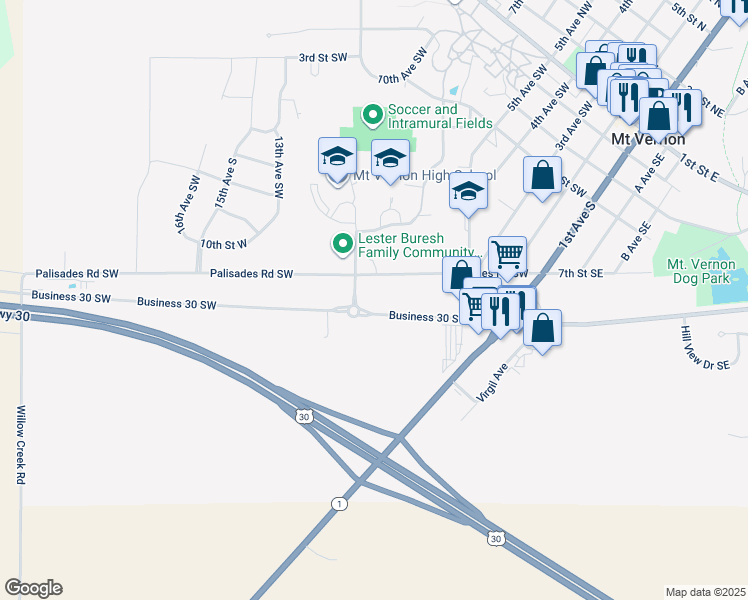 map of restaurants, bars, coffee shops, grocery stores, and more near 514 Palisades Road Southwest in Mount Vernon