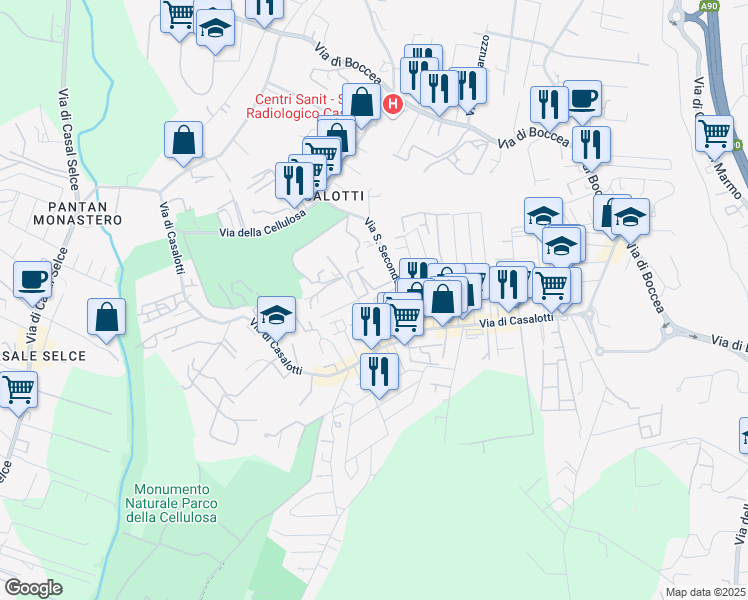 map of restaurants, bars, coffee shops, grocery stores, and more near Via Castellero in Rome