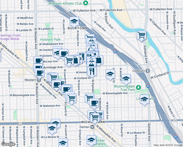 map of restaurants, bars, coffee shops, grocery stores, and more near 1930 North Damen Avenue in Chicago