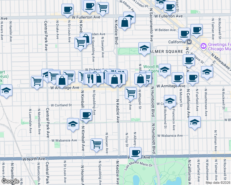 map of restaurants, bars, coffee shops, grocery stores, and more near 1940 North Kedzie Avenue in Chicago