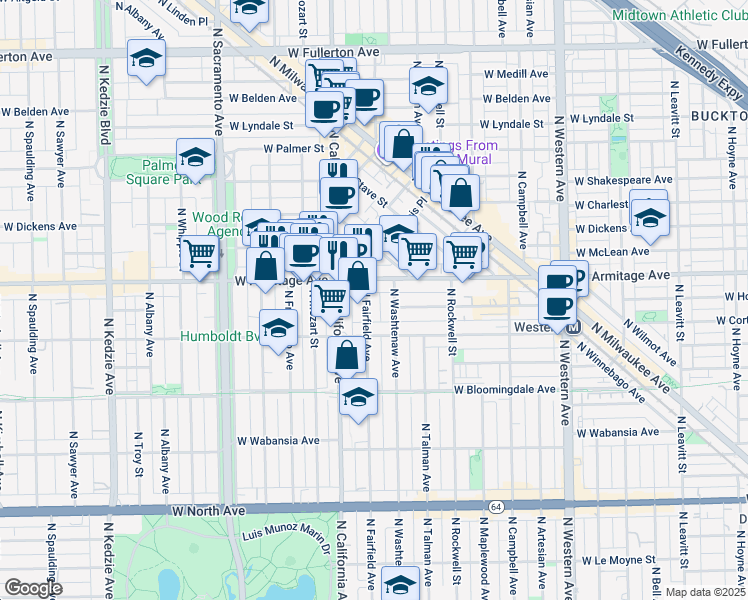 map of restaurants, bars, coffee shops, grocery stores, and more near 2728 West Armitage Avenue in Chicago