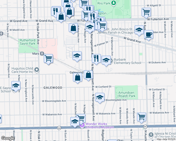 map of restaurants, bars, coffee shops, grocery stores, and more near 2033 North Nagle Avenue in Chicago