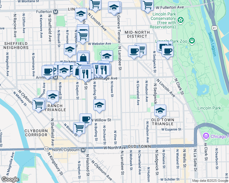 map of restaurants, bars, coffee shops, grocery stores, and more near 1931 North Howe Street in Chicago