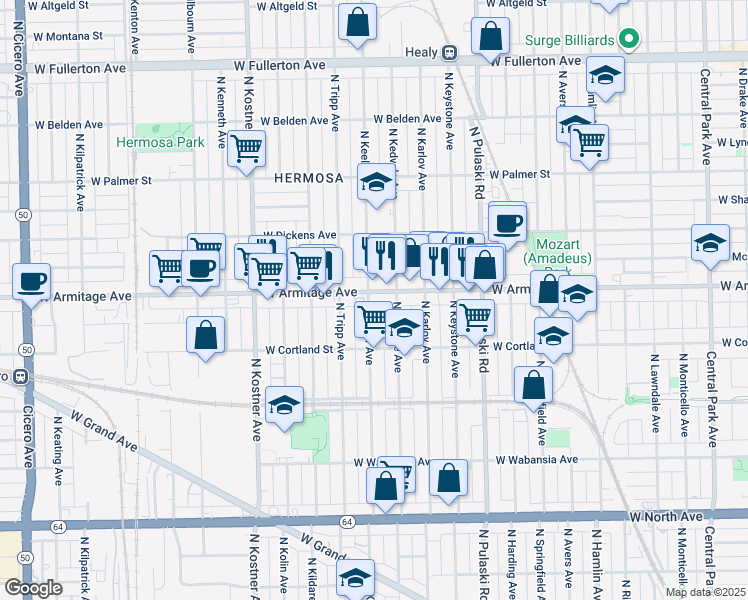 map of restaurants, bars, coffee shops, grocery stores, and more near in Chicago