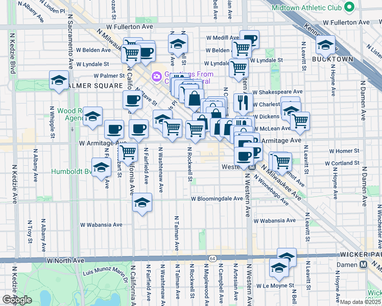 map of restaurants, bars, coffee shops, grocery stores, and more near 2539 West Armitage Avenue in Chicago