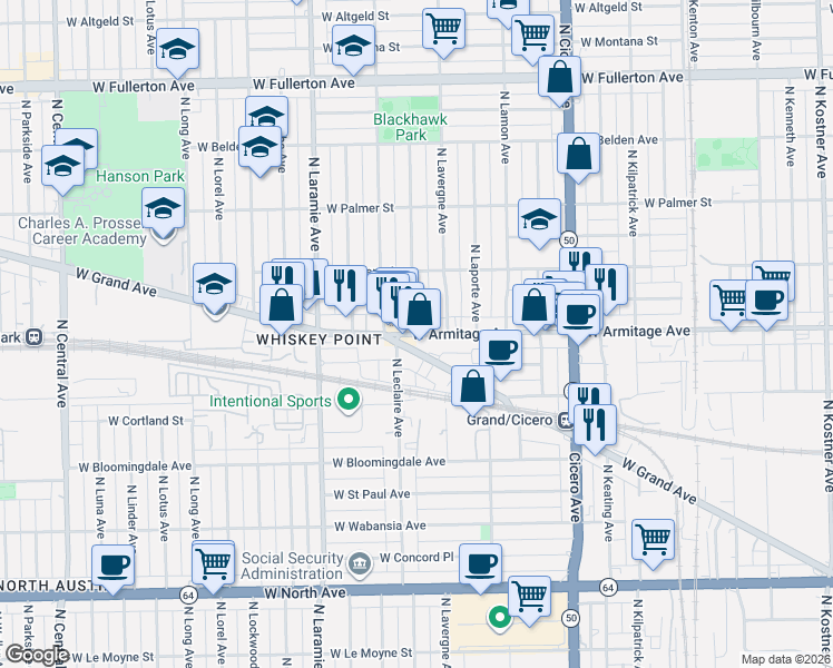 map of restaurants, bars, coffee shops, grocery stores, and more near 2000 North Lawler Avenue in Chicago