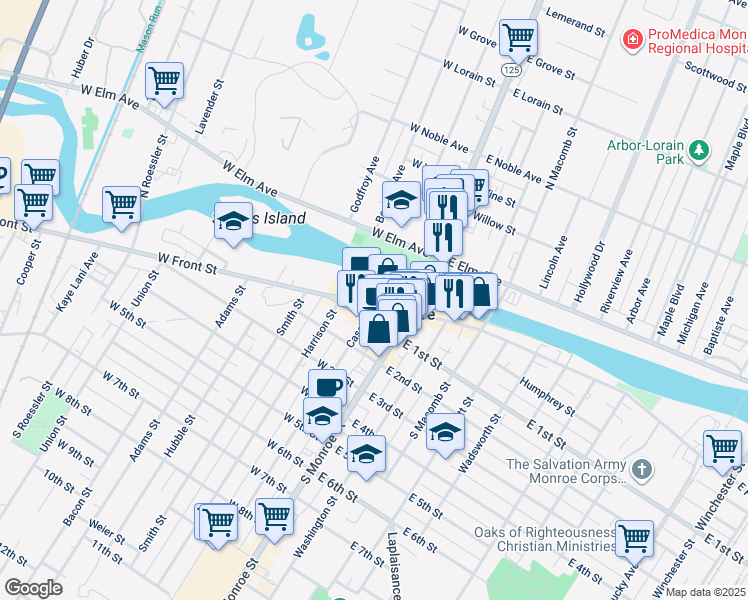 map of restaurants, bars, coffee shops, grocery stores, and more near Martin Luther King Jr. Pedestrian Bridge in Monroe