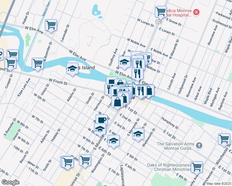 map of restaurants, bars, coffee shops, grocery stores, and more near Martin Luther King Jr. Pedestrian Bridge in Monroe