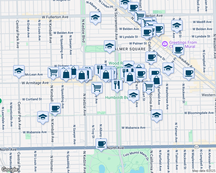 map of restaurants, bars, coffee shops, grocery stores, and more near in Chicago