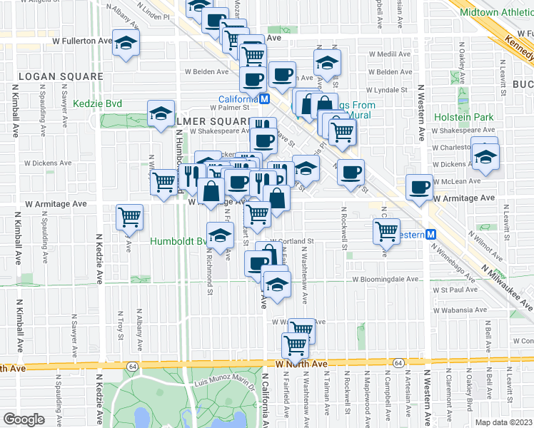 map of restaurants, bars, coffee shops, grocery stores, and more near 1943 North California Avenue in Chicago