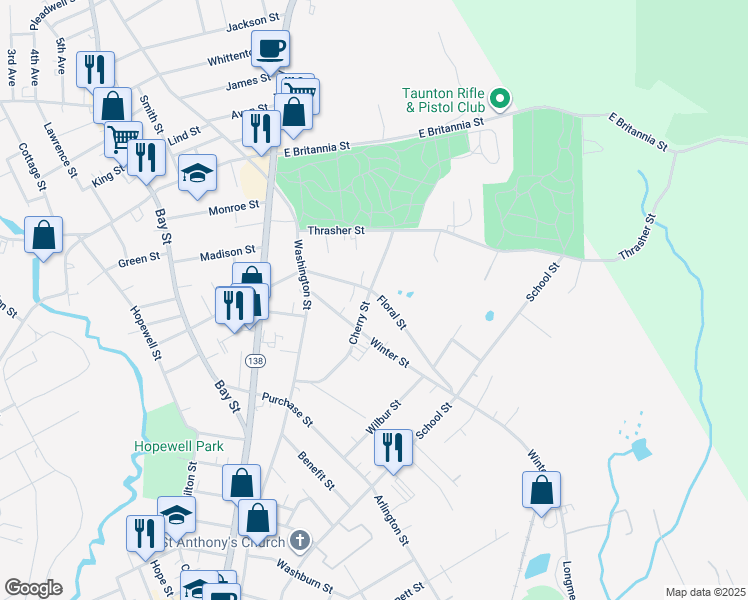 map of restaurants, bars, coffee shops, grocery stores, and more near 59 Floral Street in Taunton