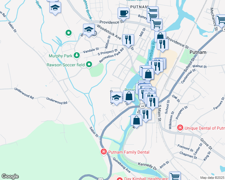 map of restaurants, bars, coffee shops, grocery stores, and more near 23 Ravine Street in Putnam