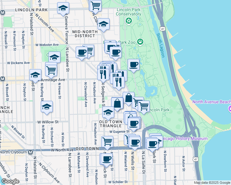 map of restaurants, bars, coffee shops, grocery stores, and more near 1939 North Lincoln Avenue in Chicago