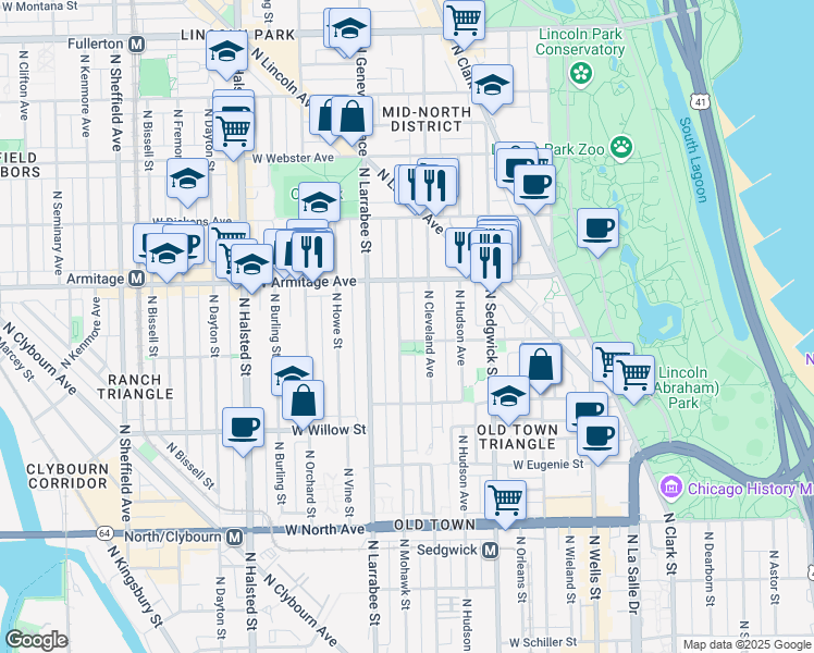 map of restaurants, bars, coffee shops, grocery stores, and more near 1935 North Mohawk Street in Chicago