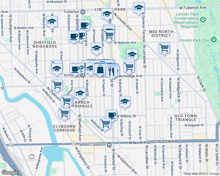 map of restaurants, bars, coffee shops, grocery stores, and more near 1953 North Dayton Street in Chicago