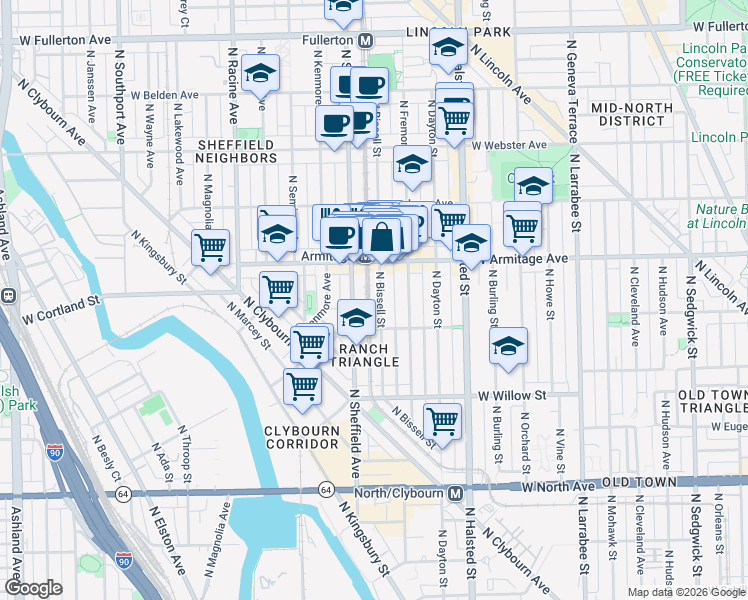 map of restaurants, bars, coffee shops, grocery stores, and more near 1932 North Bissell Street in Chicago