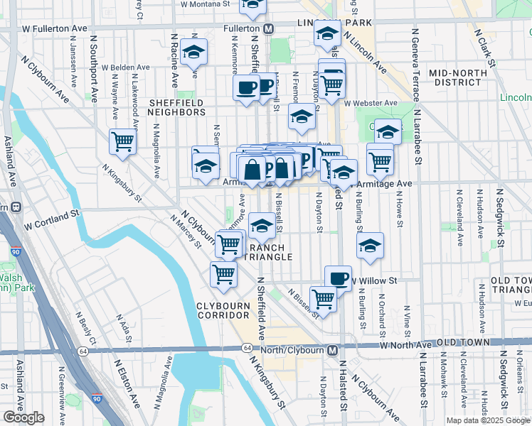 map of restaurants, bars, coffee shops, grocery stores, and more near 919 West Armitage Avenue in Chicago