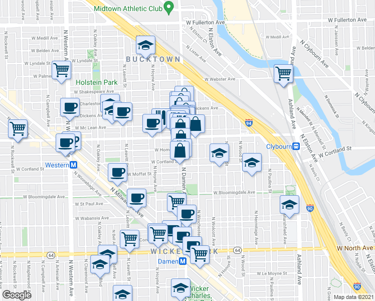 map of restaurants, bars, coffee shops, grocery stores, and more near 1954 North Damen Avenue in Chicago