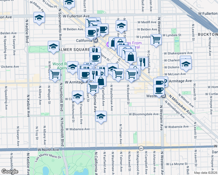 map of restaurants, bars, coffee shops, grocery stores, and more near 2652 West Armitage Avenue in Chicago