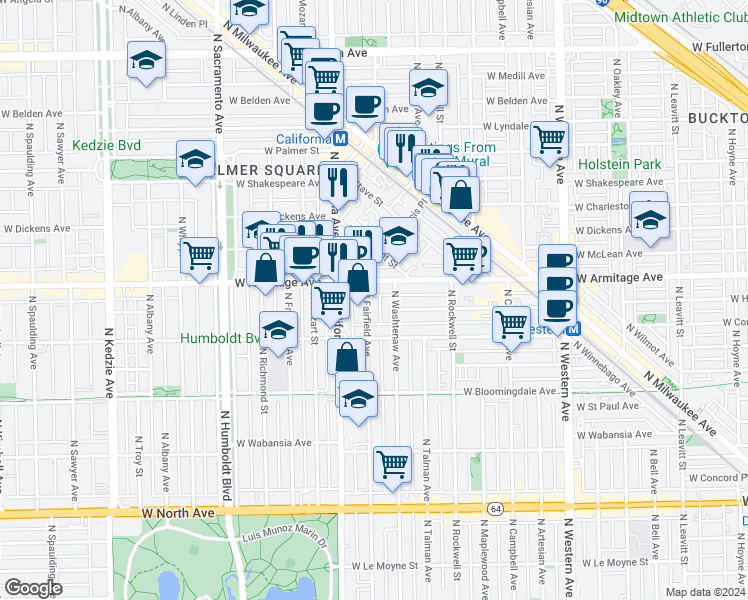 map of restaurants, bars, coffee shops, grocery stores, and more near 2728 West Armitage Avenue in Chicago