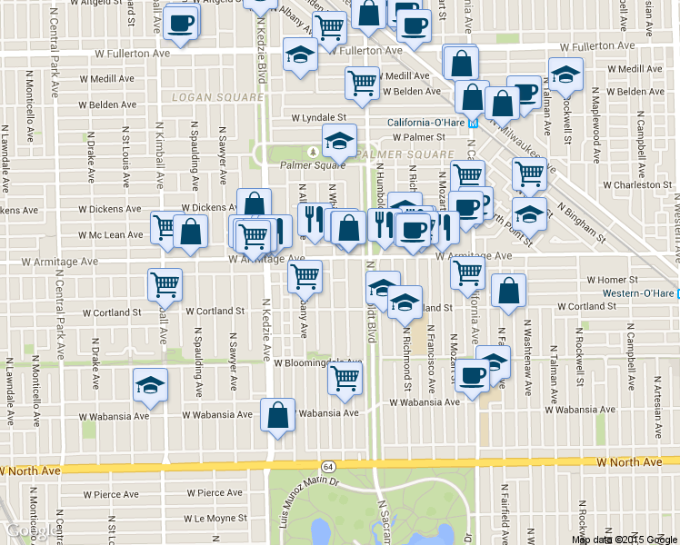 map of restaurants, bars, coffee shops, grocery stores, and more near in Chicago
