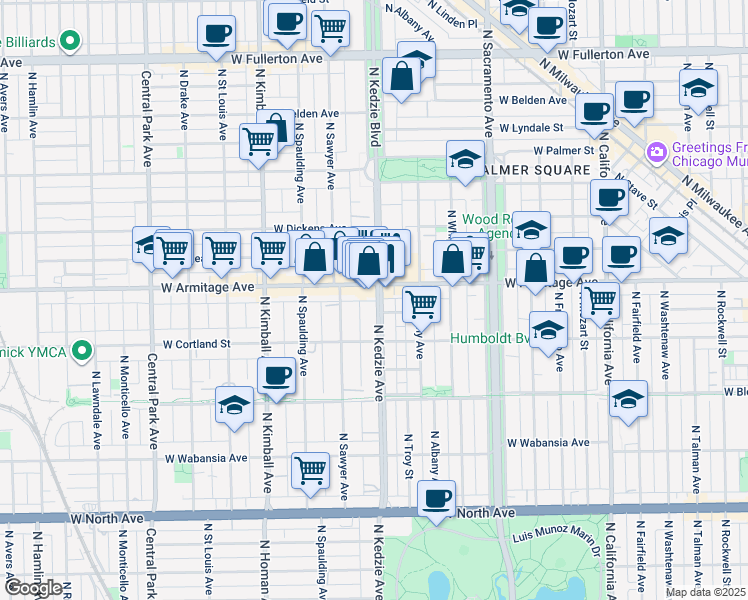 map of restaurants, bars, coffee shops, grocery stores, and more near in Chicago