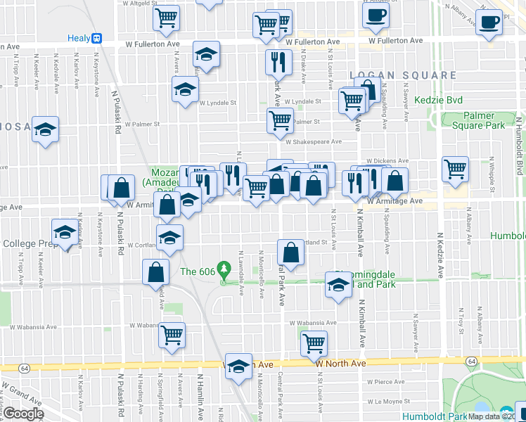 map of restaurants, bars, coffee shops, grocery stores, and more near in Chicago