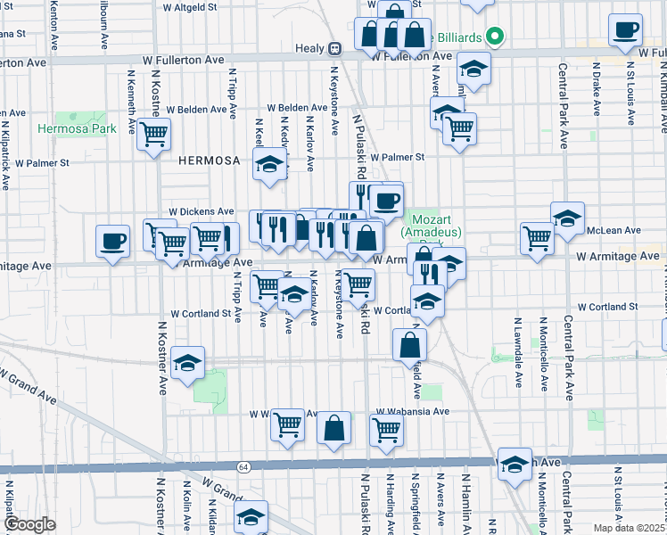 map of restaurants, bars, coffee shops, grocery stores, and more near 4022 West Armitage Avenue in Chicago