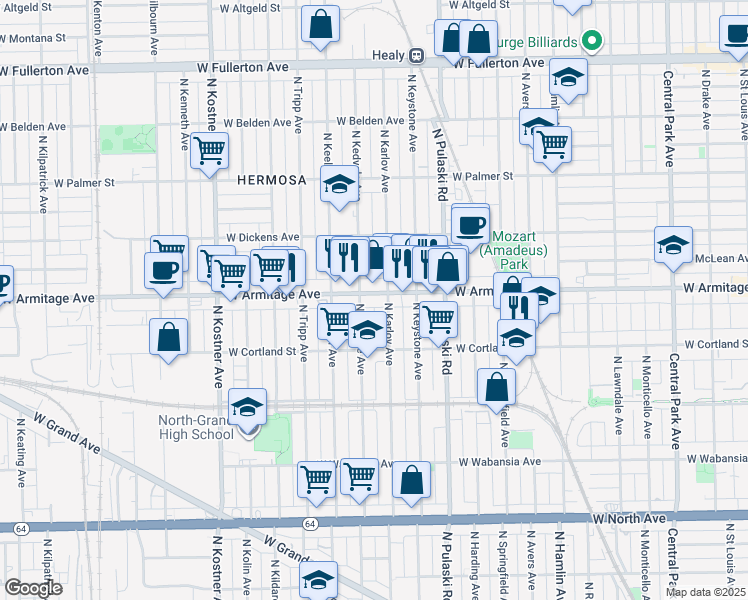 map of restaurants, bars, coffee shops, grocery stores, and more near 2011 North Karlov Avenue in Chicago