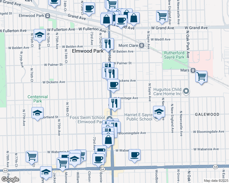 map of restaurants, bars, coffee shops, grocery stores, and more near 2045 North Harlem Avenue in Chicago
