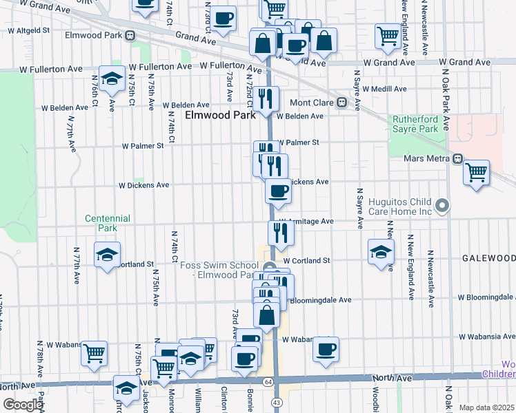 map of restaurants, bars, coffee shops, grocery stores, and more near 2035 North 72nd Court in Elmwood Park