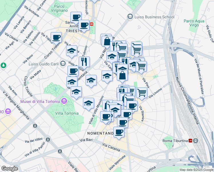 map of restaurants, bars, coffee shops, grocery stores, and more near 8 Via Giuseppe Baracconi in Roma