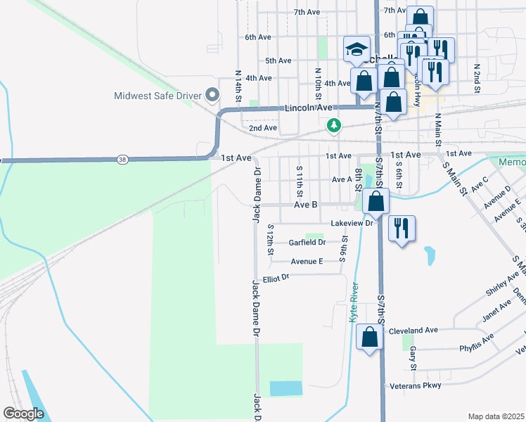 map of restaurants, bars, coffee shops, grocery stores, and more near 1215 Avenue B in Rochelle