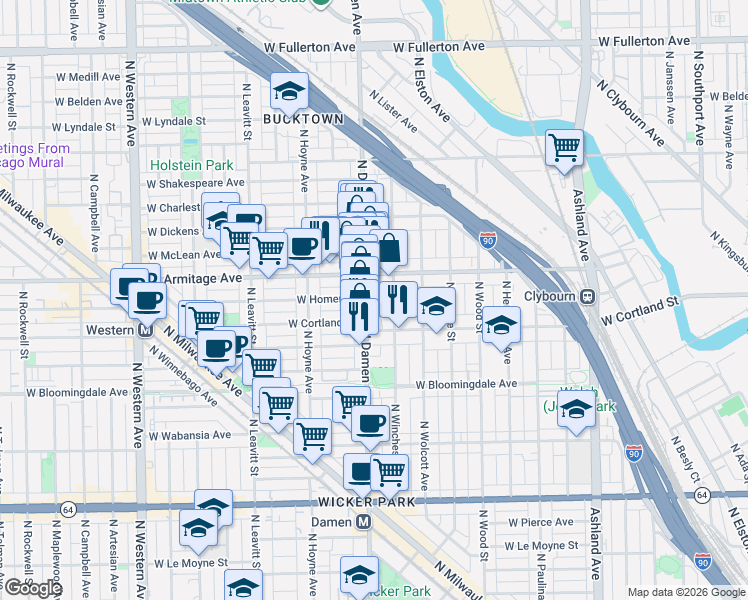 map of restaurants, bars, coffee shops, grocery stores, and more near 1954 North Damen Avenue in Chicago