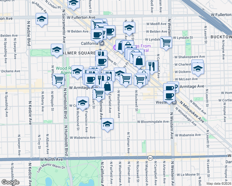 map of restaurants, bars, coffee shops, grocery stores, and more near 2652 West Armitage Avenue in Chicago