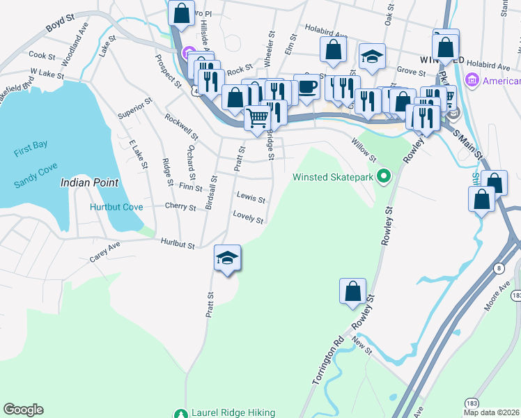 map of restaurants, bars, coffee shops, grocery stores, and more near 41 Lewis Street in Winsted