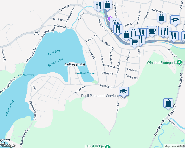 map of restaurants, bars, coffee shops, grocery stores, and more near 43 East Lake Street in Winchester