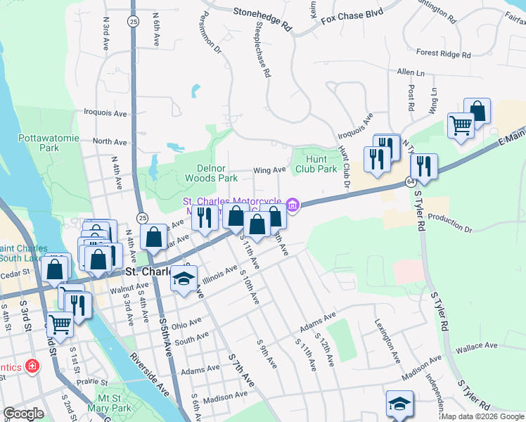 map of restaurants, bars, coffee shops, grocery stores, and more near 1218 East Main Street in St. Charles