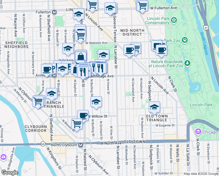 map of restaurants, bars, coffee shops, grocery stores, and more near 1931 North Howe Street in Chicago