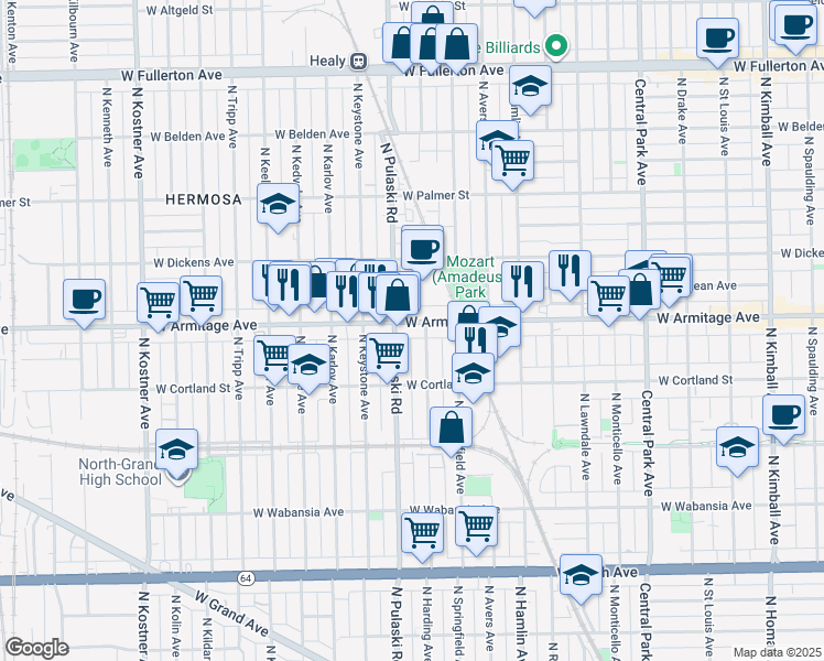 map of restaurants, bars, coffee shops, grocery stores, and more near 3946 West Armitage Avenue in Chicago