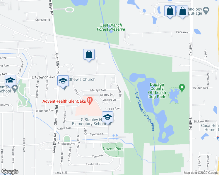 map of restaurants, bars, coffee shops, grocery stores, and more near 758 Marilyn Avenue in Glendale Heights