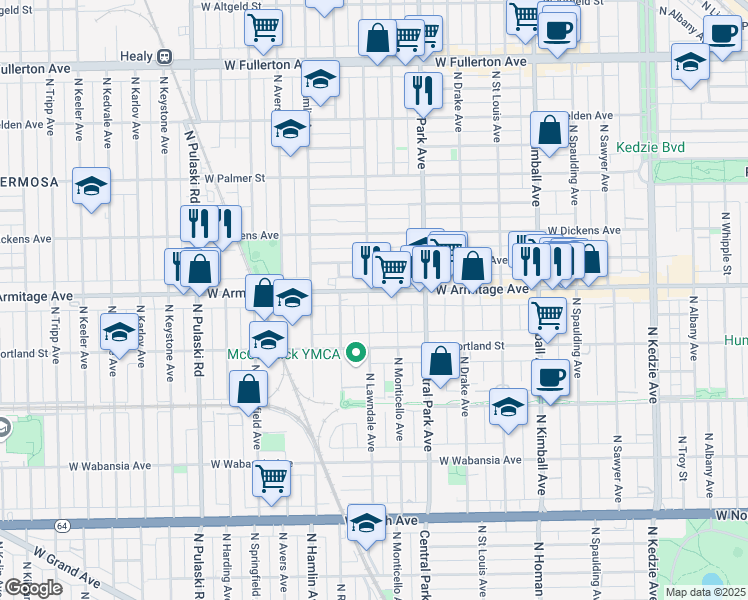 map of restaurants, bars, coffee shops, grocery stores, and more near in Chicago